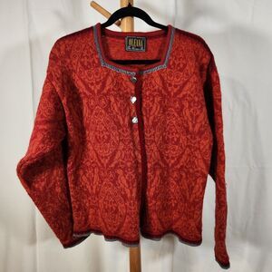 OLEANA $555 Large Norwegian Espeland Red Orange 100% Wool Heart Button Cardigan